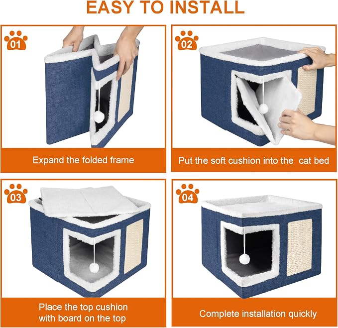 Loyareal Cat Houses for Indoor Cats - Large Cat Bed Cave with Scratch Pad and Fluffy Ball, Foldable Cat Condo Hideaway with Reversible Cushion for Multi Small Pet, Navy Blue