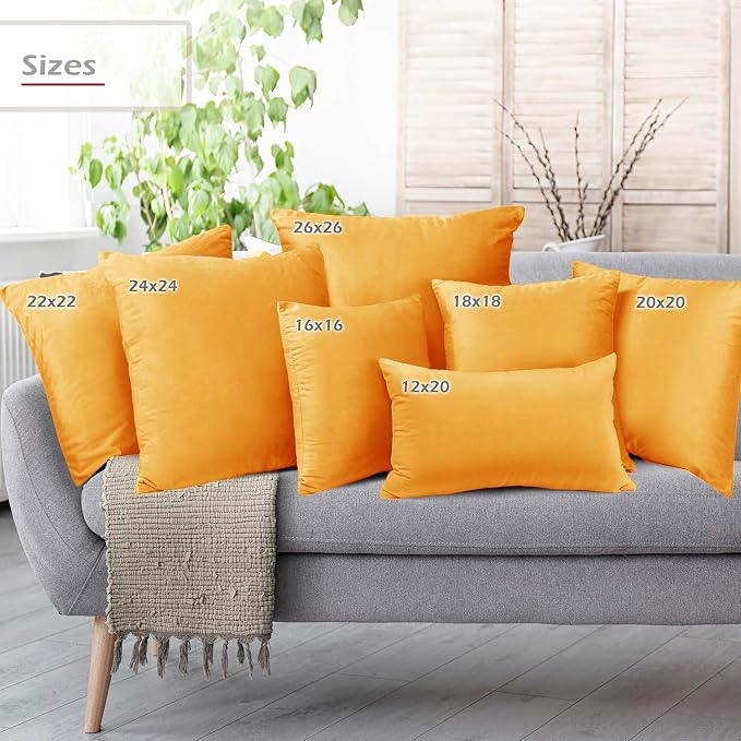 Throw Pillow Inserts Pack of 2 with Velvet Soft Solid Decorative Square Throw Pillow Covers Set for Sofa Couch Car Bedroom, 26X26 Throw Pillows Inserts with 24x24 Washable Cushion Covers, Orange