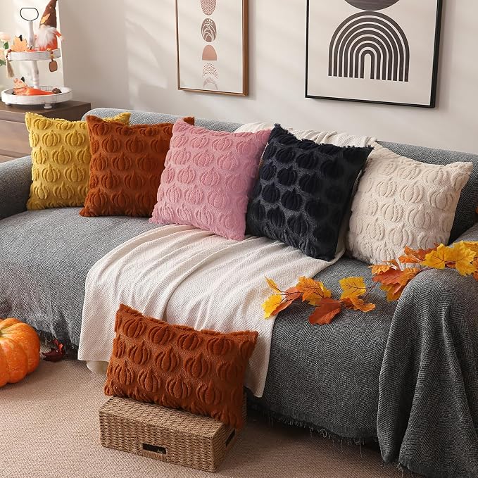 DFXSZ Fall Pillow Covers 16x16 2Pcs Pink Pumpkin Fall Decorations for Home | Fall decor Set of 2 Throw Pillow Cases Soft Plush Faux Fur Wool Couch Cushion for Chair Sofa Bedroom Living Room Home Decor