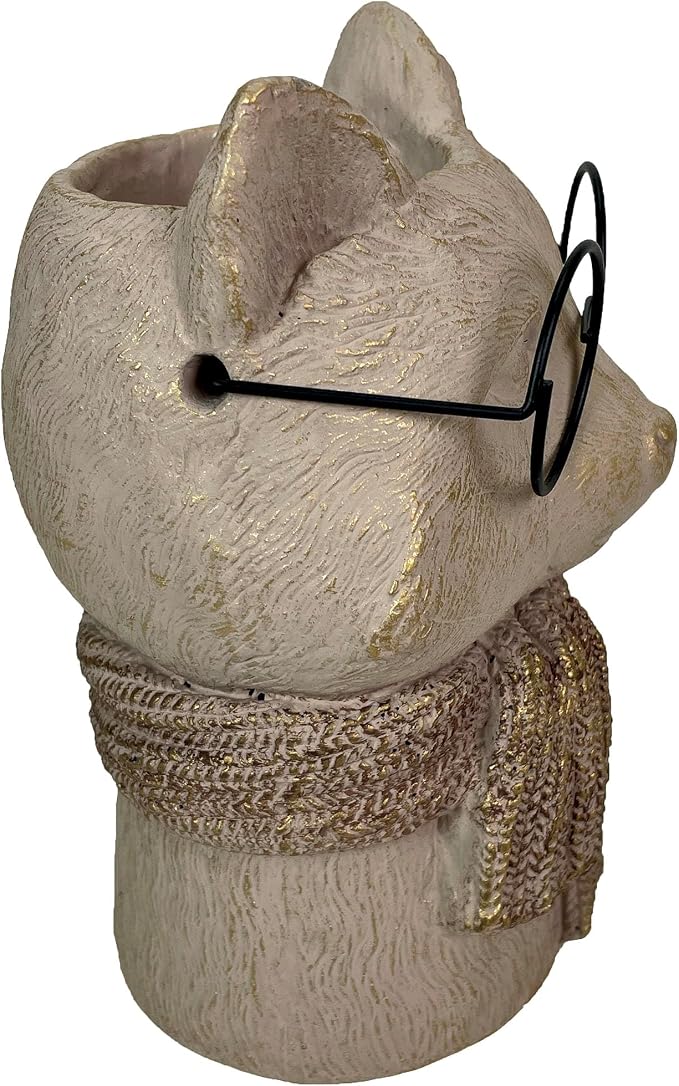 Fox Cement Vase, 8.25 Inch Bespectacled Woodland Planter | Distressed Taupe Finish, Real Black Wire Glasses, Gold-Brushed Knit Scarf, 2.75 Inch Opening for Flowers or Pens