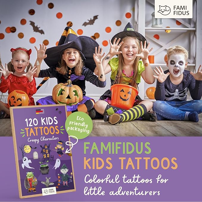 Halloween temporary tattoos for kids - 120 PCS Non-Toxic & Skin-Friendly Fake Tattoos for Boys and Girls | Dermatologically Tested “Very Good” I Halloween favors for kids bulk