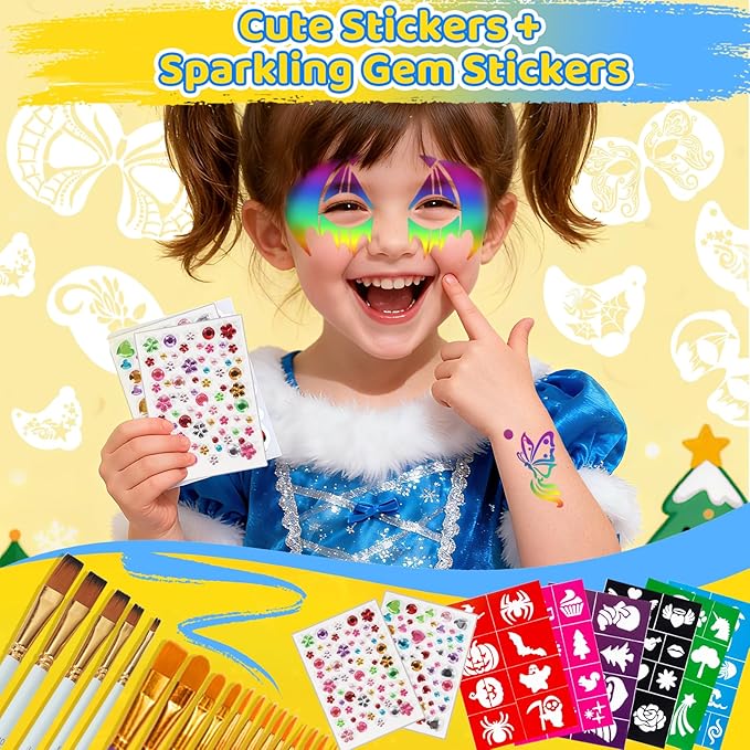 63Pcs Face Painting Brushes and Stencils Kit with 32 Reusable Facial Painting Stencils 9 Sheets Stickers 15 Brushes 2 Adhesive Gems 4 Fingertip Sponges, 4 Makeup Sponges For Festival Party Makeup