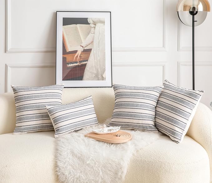 Cethom Decorative Boho Throw Pillow Covers, Farmhouse Textured Pillow Case, 22 x 22 Inch Set of 2, Chair Sofa Bedroom Living Room Decor Couch Cushion Case, Navy Blue and Beige Striped