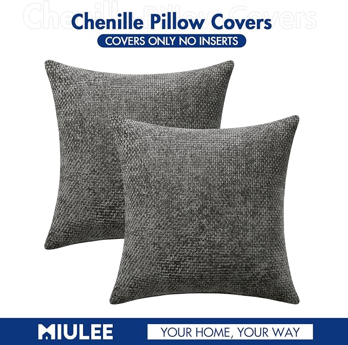 MIULEE Decorative Couch Throw Pillow Covers 20x20 Inch Dark Gray 2 Pack | Modern Boho Accent, Soft Chenille Pillow Covers, Farmhouse Cushion Cases for Home Decor Bed Sofa Living Room