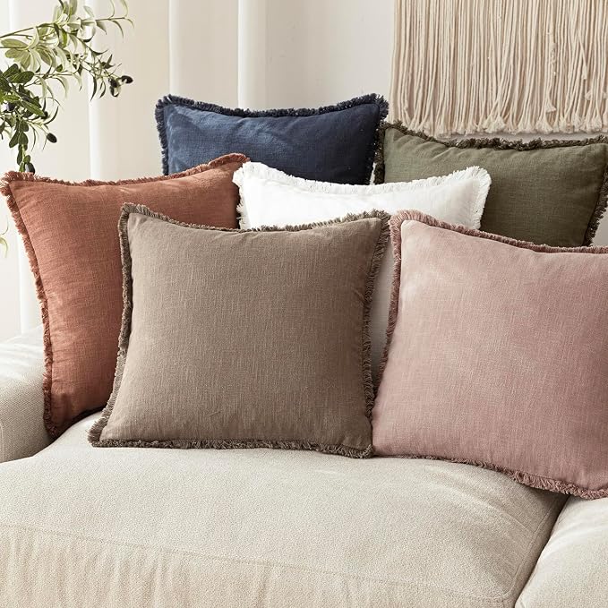Foindtower Set of 2 Decorative Linen Fringe Throw Pillow Covers Boho Farmhouse Cushion Cover with Tassels Soft Accent Pillowcase for Couch Sofa Bed Living Room Home Decor,20×20 Inch,Dusty Pink
