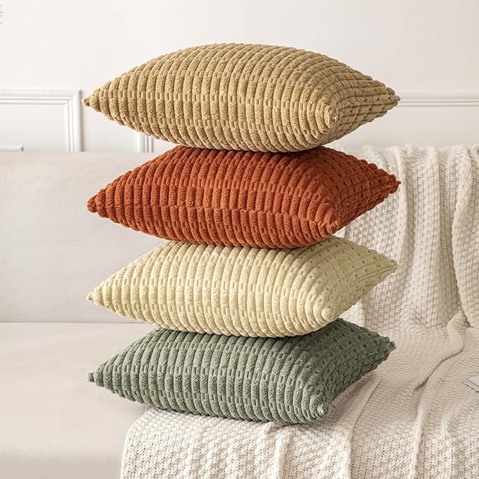 MIULEE Corduroy Decorative Throw Pillow Covers 18x18 Light Olive Pack of 2 | Green Soft Boho Striped Pillow Covers Modern Farmhouse Home Decor For Sofa Living Room Couch Bed