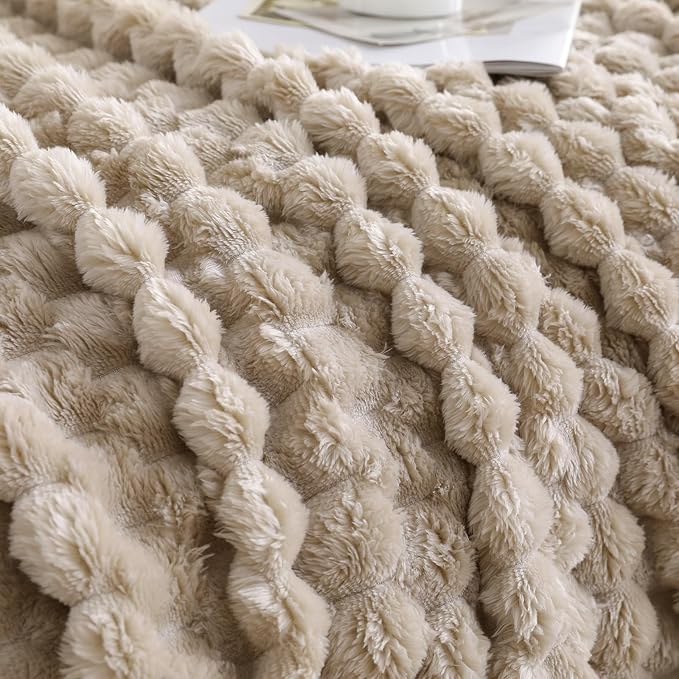 Beige Fleece Throw Blanket 60”×80” for Couch Sofa Bed Super Soft Cozy Plush Microfiber Flannel Blanket with 3D Jacquard Decorative Lightweight for Mom Woman