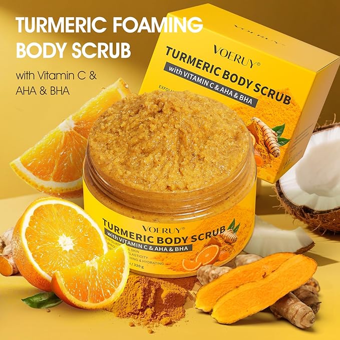 VOERUY Turmeric Body Scrub, 10% AHA/BHA & Vitamin C Exfoliating Body Scrub, Body Exfoliator for Body Hand Foot Bikini Area, Smooth & Moisturized Skin for Women and Men - 11.3oz