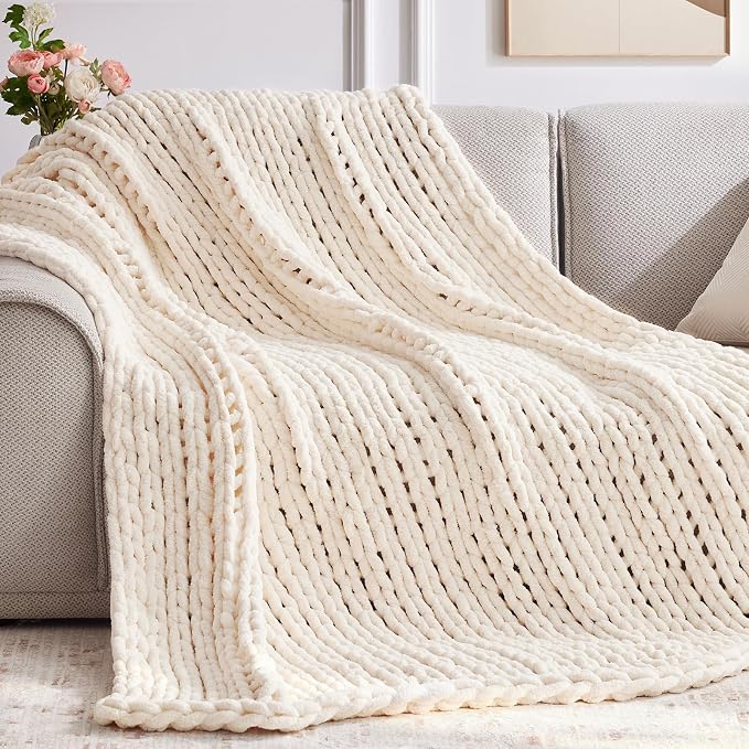 Negwoo Chunky Knit Throw Blanket, Knitted Throw Chenille Yarn, 60"*80" | Soft Thick Cable Knitted Blankets, Handmade Big Thick Blanket, Machine Washable Cute Comfy Blanket for Home Decor,Cream White
