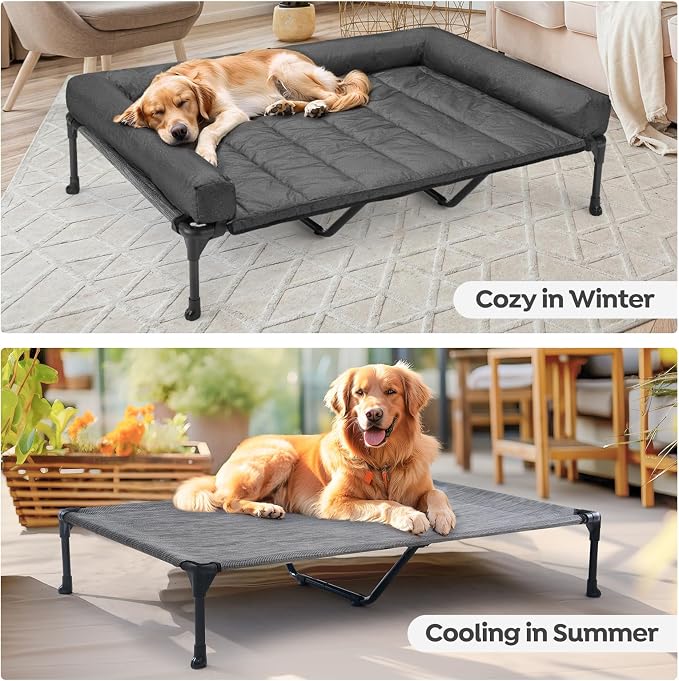 Veehoo Outdoor Elevated Dog Bed with Waterproof Bolster Cushion, Cooling | Raised Dog Bed with Removable & Washable Mat Topper, Breathable Mesh, Dog Couch Cot for Indoor Outdoor, 59", Large, Melange