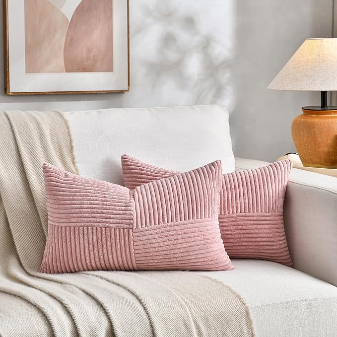Fancy Homi Blush Pink Lumbar Decorative Throw Pillow Covers 22x14 Inch for Living Room Couch Bed, Rustic Farmhouse Boho Home Decor, Soft Striped Corduroy Rectangle Accent Cushion Case 35x55 cm