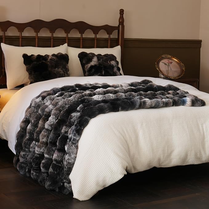 BENVWE Fluffy Faux Fur Throw Blanket for Couch, Soft Plush Thick Cozy Fuzzy Luxury Minky Bubble Blanket for Home Living Room Decor Gift for Women, Tie-dye Grey, 50" x 60", 1100GSM