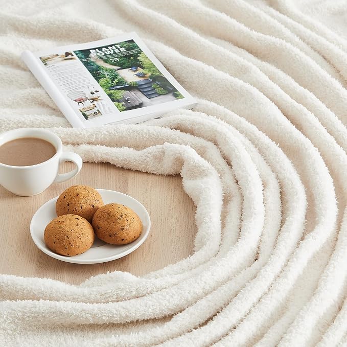 Knit Throw Blanket for Couch Cream White - Super Soft Lightweight Plush Fuzzy Fluffy Cozy Blankets and Throws for Sofa Bed, 50 x 60 inches