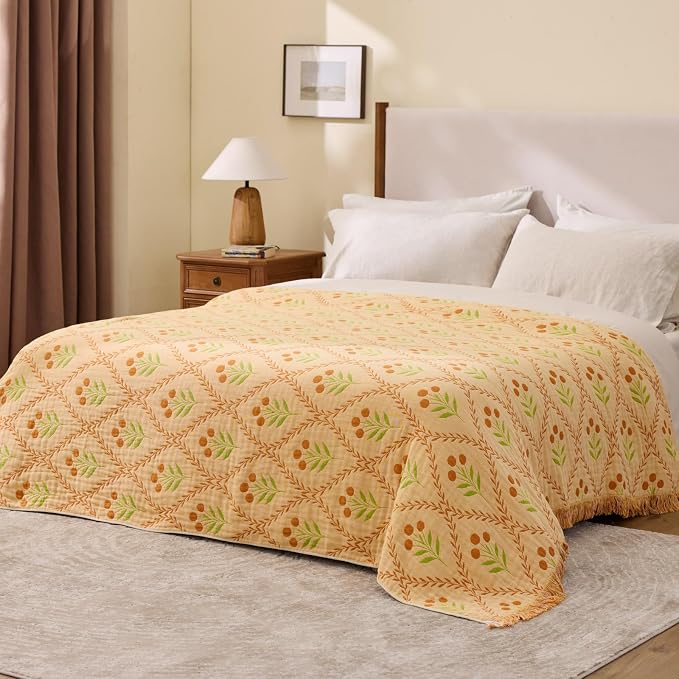 100% Cotton Boho Throw Blanket for Home Decor – Classic Farmhouse Quilt Bedding, Muslin Blankets for Adults, Vintage Woven Decorative Blanket for Couch, Bed Layering Use, Vintage Floral, 90"x90"