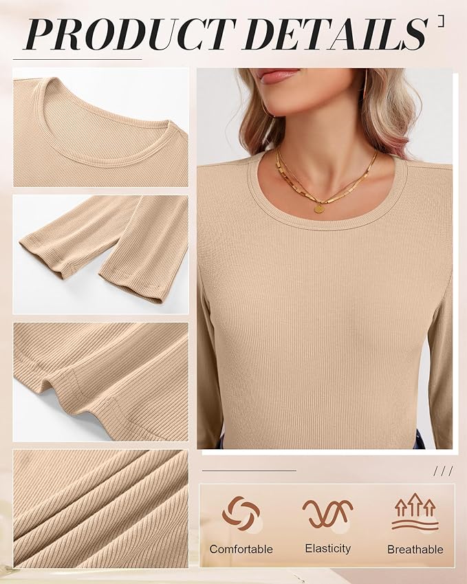 Ficerd 3 Pack Women's Ribbed Long Sleeve Tops, Crew Neck Slim Fit Undershirts Knit Basic Casual Stretch Layering Tee Shirts