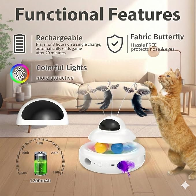 MOHAYA Cat Toys,4-in-1 Interactive Cat Toy for Indoor Cats with Laser, Fluttering Butterfly, Moving Feather and Track Balls - USB Rechargeable Self-Play Kitten Toy (White)