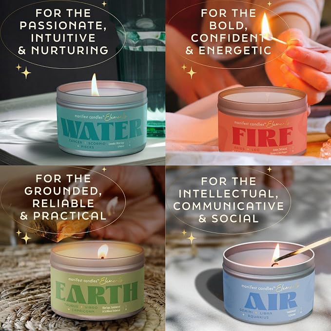 Zodiac Candles Gift Set 4 Pack β Astrology Candles for Women, Horoscope Candle Set with Fire Earth Air & Water Elements, Coconut Soy Wax, 7oz Tin Candle β Zodiac Gifts for Women, Astrology Gifts