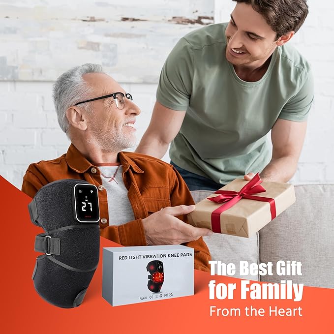 Red Light Therapy Vibration Knee Massager, Vibration & Heat - 5 Massage Zones, 660nm & 850nm Wavelengths, Rechargeable Heating Pad Knee Wrap, Gift for Men and Women