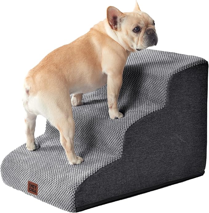 EHEYCIGA Curved Dog Stairs Ramp, 3-Step Dog Steps, 15.8" H Pet Step | 33D density of pure foam, for Small Dogs and Cats, Pet Stairs for High Bed Climbing, Non-Slip Balanced Pet Step Indoor, Grey