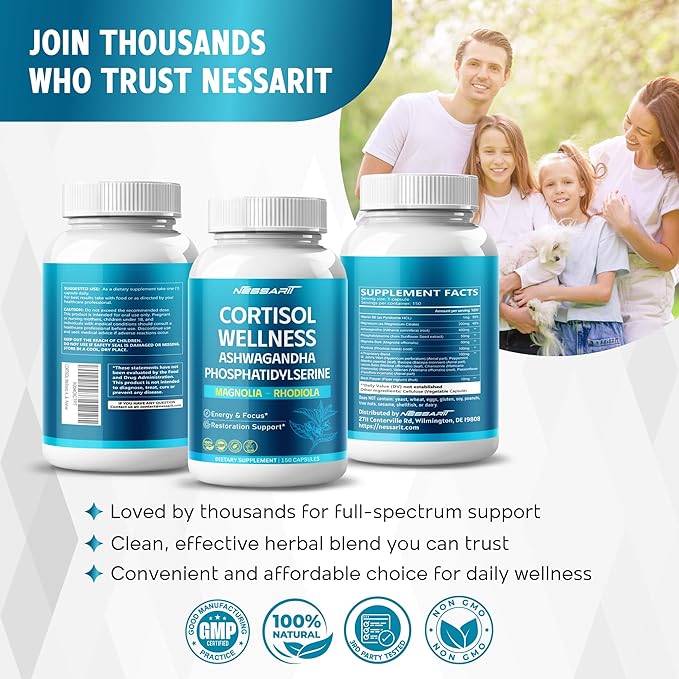 CORTISOL Wellness Ashwagandha 14-in-1 Natural Blend with Phosphatidylserine Magnolia Rhodiola St. John's Wort Peppermint Bacopa - 150 Count