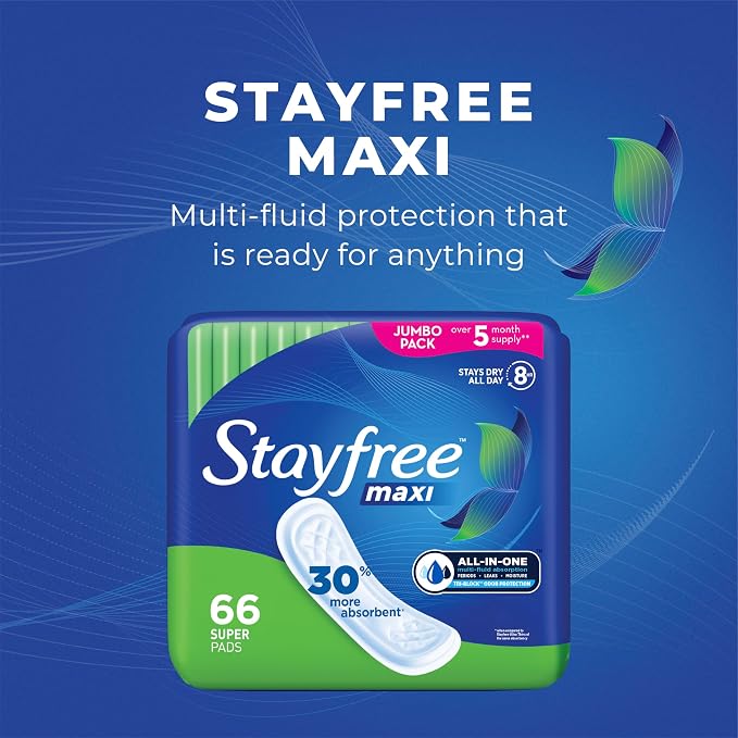 Stayfree Maxi Super Long Pads For Women, Wingless, Reliable Protection and Absorbency of Feminine Periods, 66ct