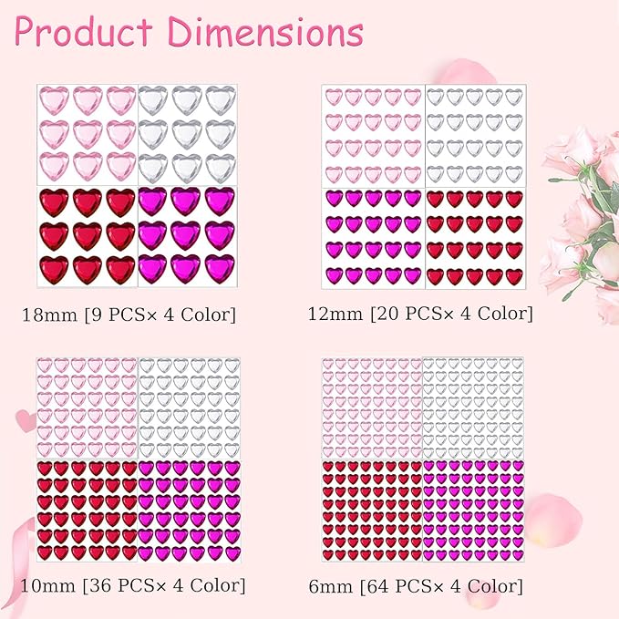 516 Pcs Heart Rhinestones Face Sticker Acrylic Self Adhesive Heart Gems Red Pink Clear Rose Red 6/10/12/18mm
