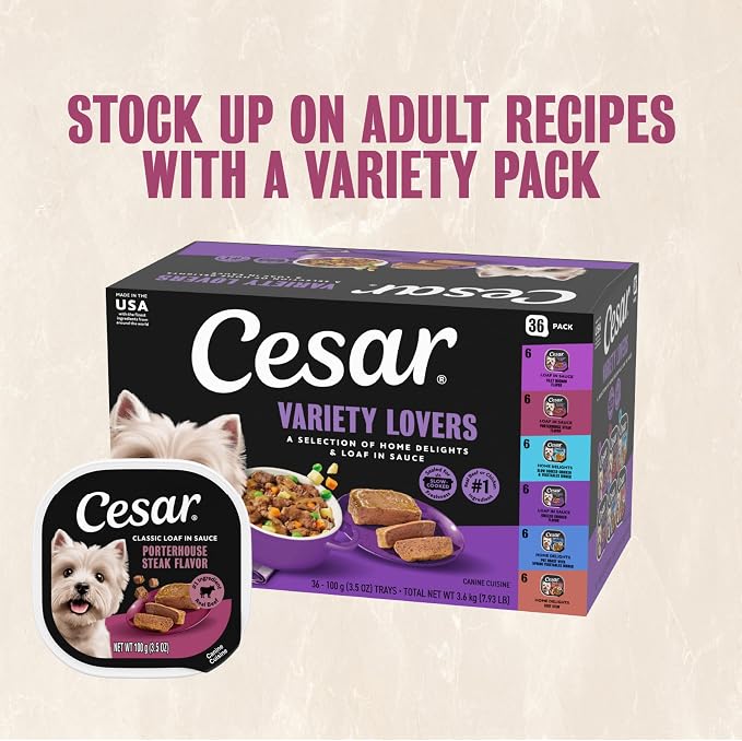 Cesar Wet Dog Food, Steak Lovers Variety Pack, 3.5 oz, 24 Count | Real meat #1 ingredient, easy peel trays, 100% complete & balanced, no fillers, no added sugar, no artificial flavors
