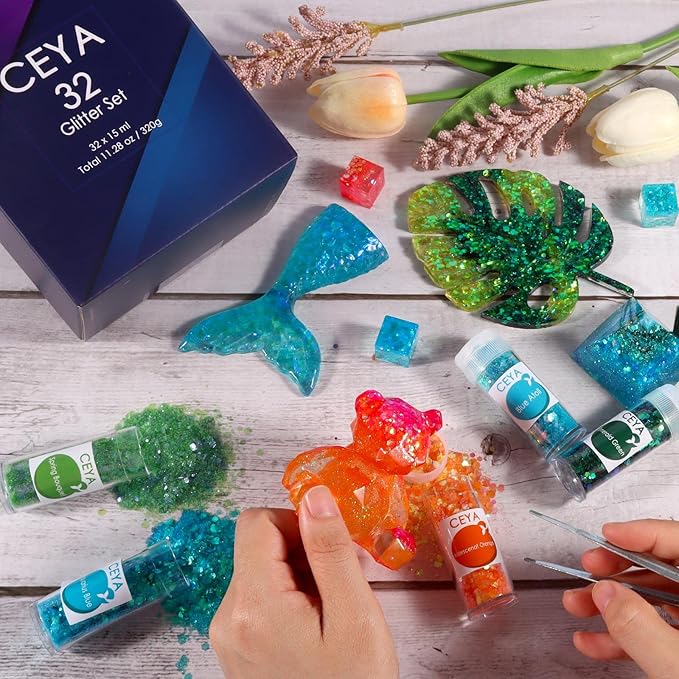Ceya Chunky Glitter Set 32 Colors, 11.28 oz/ 320g Craft Glitter Powder Mixed Chunky Fine Sparkle Flakes Each 15ml Iridescent Nail Sequins for Epoxy Resin Nail Art Tumbler Slime Festival Decor