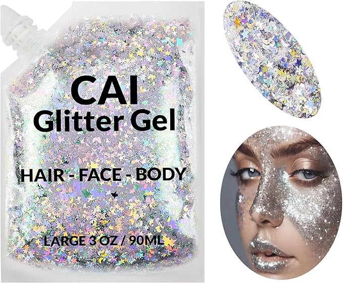 Face, Body & Hair Glitter Gel – Halloween Glitter for Kids and Women – 3 Oz Cosmetic-Grade Gel w/Moon & Stars for Festivals & Halloween Party, Easy Apply & Wash Off - Blue/Silver 2Pack
