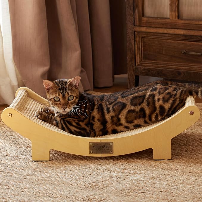 FUKUMARU Sisal Cat Scratcher Bed, Solid Wood Cat Hammock for Indoor Cats | 23.6 Inch Durable Scratching Bed, Large Cat Scratch Pad, Natural Sisal Hammock, Cat Lounger Scratcher for Sleeping (Wood)