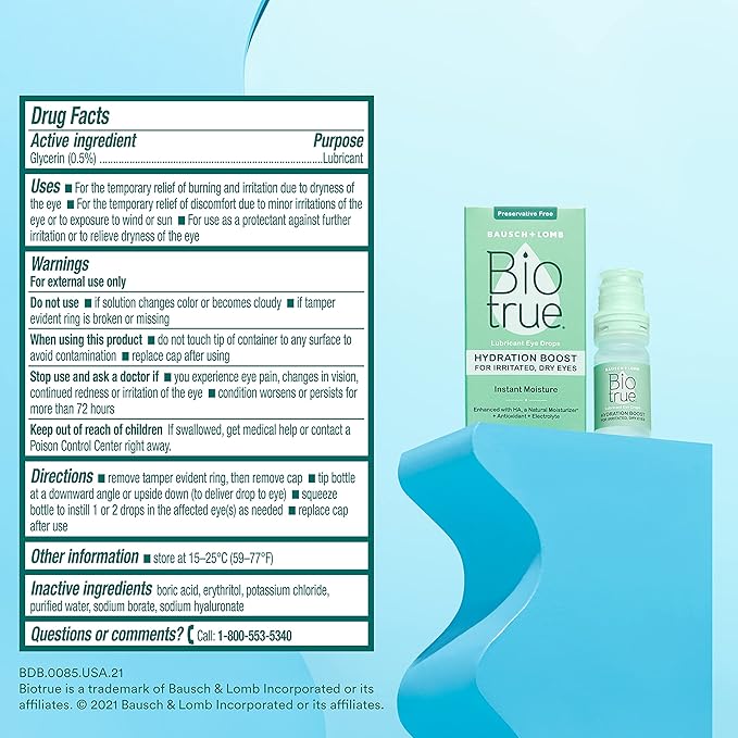 Biotrue Hydration Boost, Preservative-Free Eye Drops for Dry Eyes, Instantly Moisturizes, Rehydrates, Contact Lens Friendly, Refresh & Relieve Eye Irritation, 0.33 FL Oz (Pack of 1)