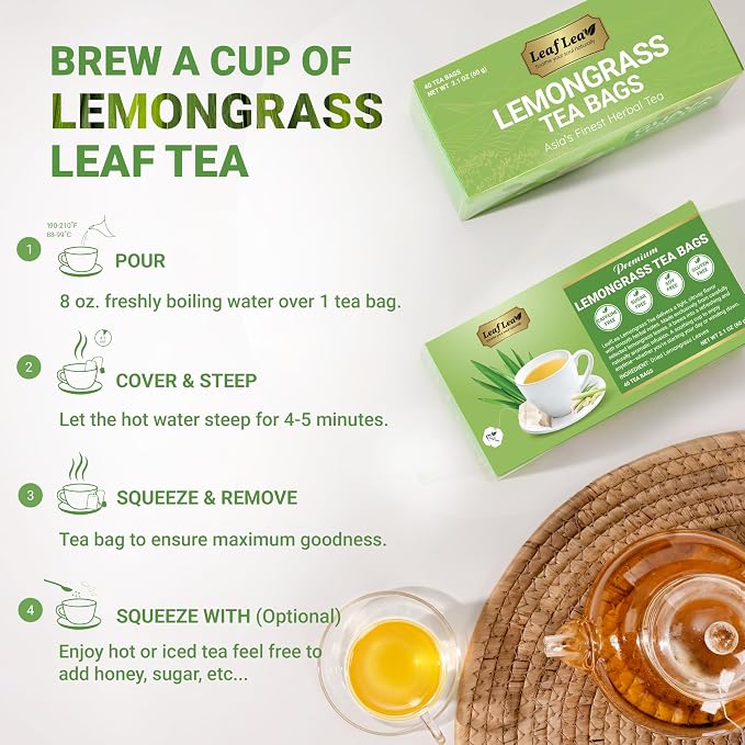 LeafLea Premium Lemongrass Herbal Tea Bags, Digestion Support, 80 Count | Natural Lemongrass Leaves, Te De Limoncillo, Light & Soothing Taste, Caffeine-Free, Sugar-Free, Vegan, Individually Wrapped