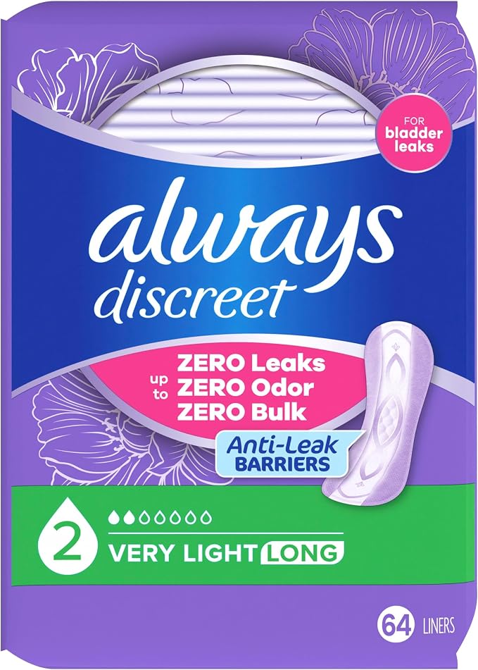 Always Discreet Incontinence Panty Liners for Women with Bladder Leaks, Size 2, Very Light Absorbency, Long Length, Up to 100% Bladder Leak Protection 64 CT