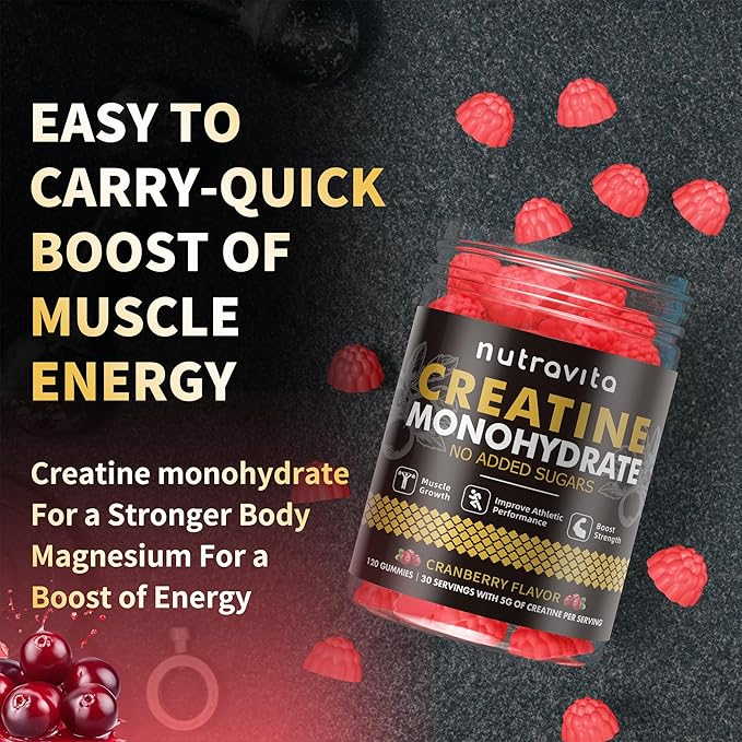Nutravita Creatine Monohydrate Gummies for Men & Women-5g of Creatine Monohydrate per Serving - Sugar Free,Vegan, Cranberry Flavor, 120 Count