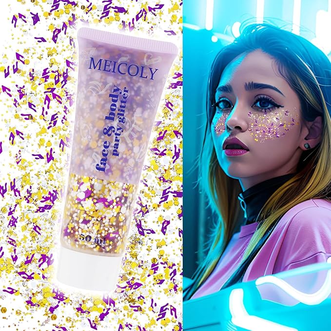 MEICOLY Face Glitter Makeup for Music Festival,Country Concert Outfits for Women,Gold Silver Purple Body Glitter,Halloween Party Accessories Glitter Face Paint,50ml