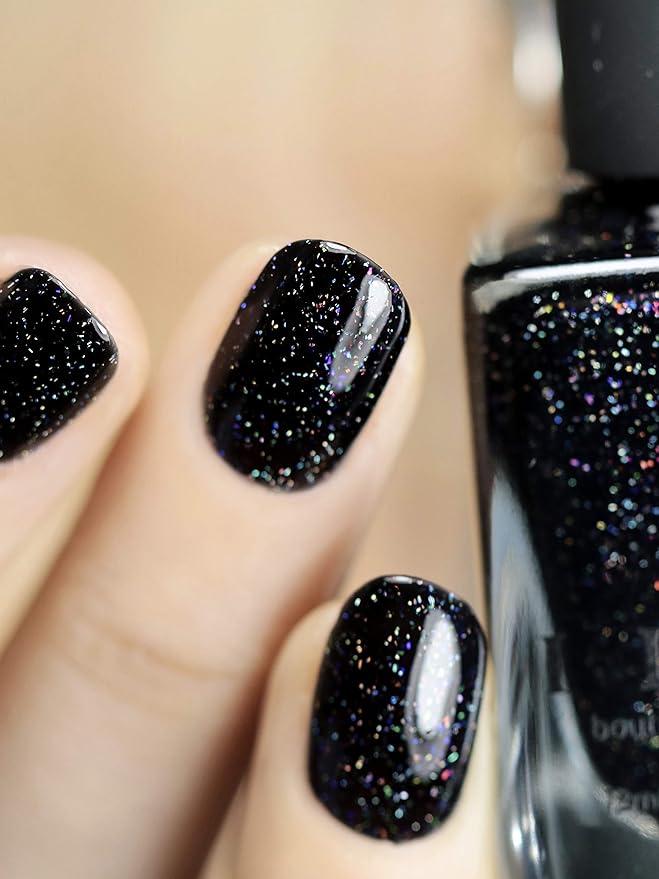 ILNP Party Bus - Black Rainbow Flake Holographic Shimmer Nail Polish, Chip Resistant, 7-Free, Non-Toxic, Vegan, Cruelty Free, 12ml