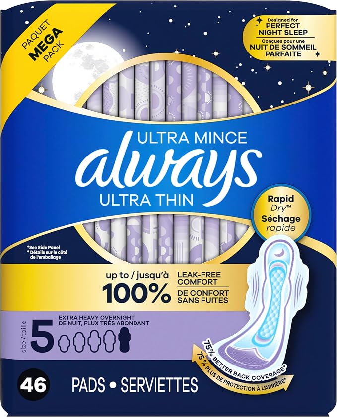 Always Ultra Thin Overnight Pads, Size 5, Extra Heavy Overnight, Unscented, 92 Count (2 Packs of 46)