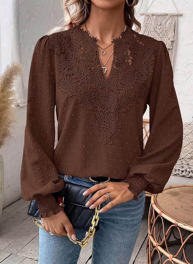Womens Tops Swiss Dot Boho Long Sleeve Shirts V Neck Casual Chiffon Blouses Flowy Lace Hem Cute Clothing Trendy 2026