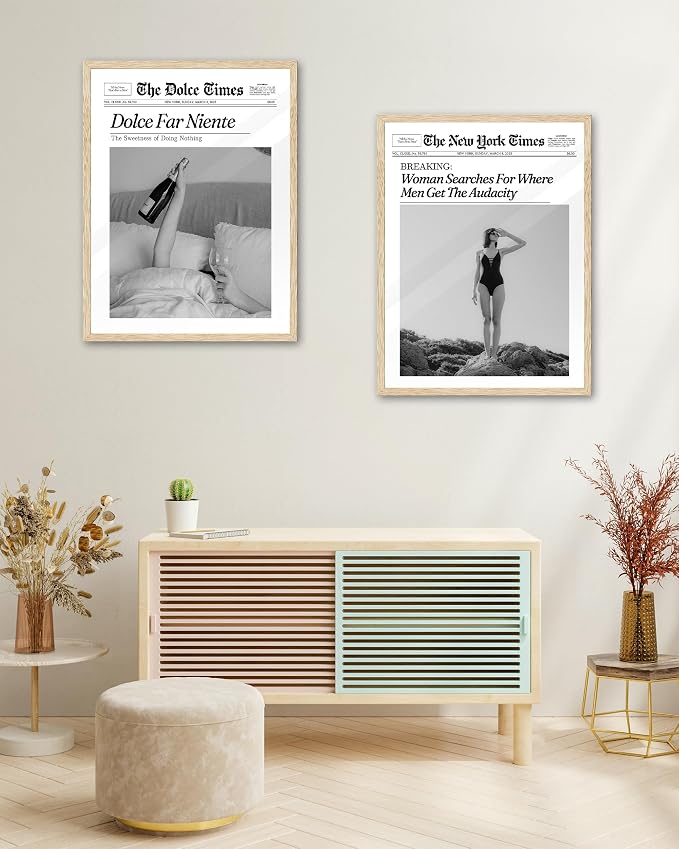 iHery Small 8x10in Dolce Far Niente Framed Newspaper Wall Art | Natural OAK Wood Frame with Canvas Print, The Sweetness of Doing Nothing Decor for Bedroom, Living Room and Dorm, 1Pack