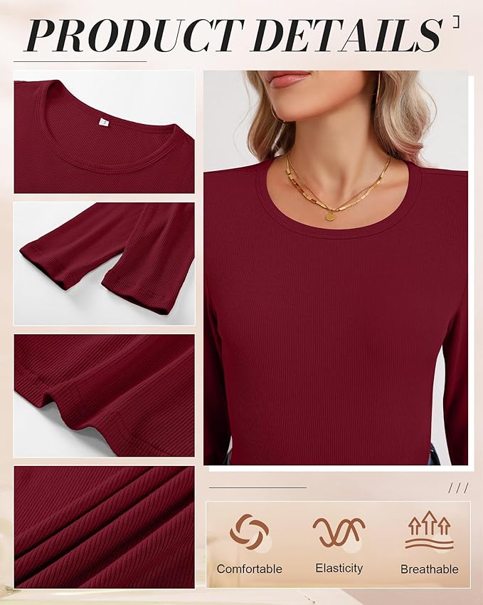 Ficerd 3 Pack Women's Ribbed Long Sleeve Tops, Crew Neck Slim Fit Undershirts Knit Basic Casual Stretch Layering Tee Shirts