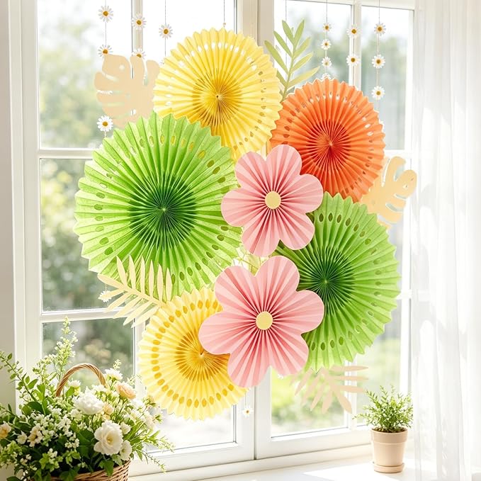 SUNBEAUTY Paper Flowers Pink and Green Party Decorations Hanging Fans Spring Summer Decor for Wall Wedding Backdrop Bridal Shower Birthday - 9Pcs