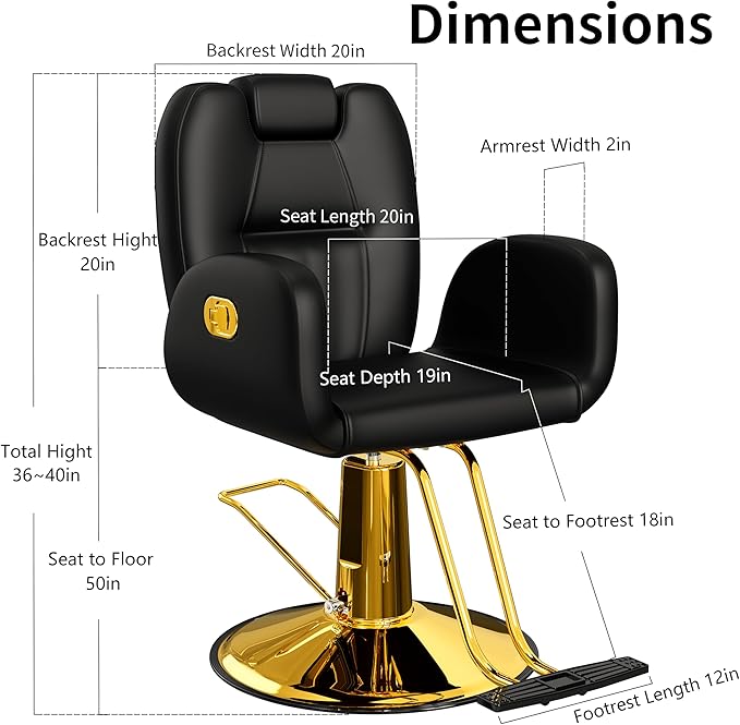 Baasha Ergonomic Black & Gold Salon Chair - 135° Reclining All Purpose Hydraulic Hair Chair for Hair Styling, Braiding, Makeup, Washing & Men's Shaving - 440 lbs Cap.