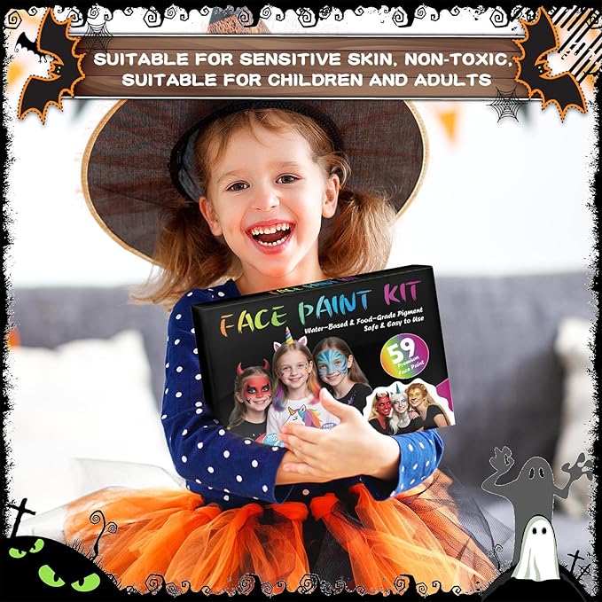 Face Painting Kit for Kids, 51 Colors Water Based Non-Toxic Paint, with 4 Brushes, 38 Stencils, 6 Reusable Stencils, etc. Washable Face Paints for Birthdays Halloween Party Carnival
