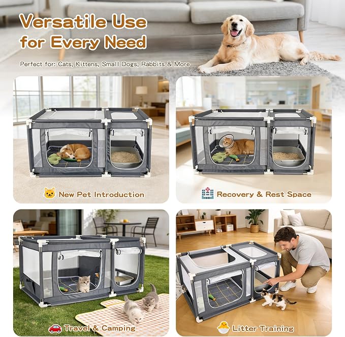 2-in-1 Cat Playpen 46x29.5x23in Enclosure with Litter Box Area