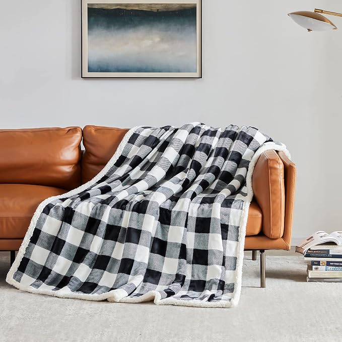 Sherpa Plaid Twin Blanket 60" X 70", Fuzzy Fluffy Soft Cozy Throw Blanket, Twin Size Plush Fleece Flannel Plush Microfiber Blanket for Couch Bed Sofa (Black)