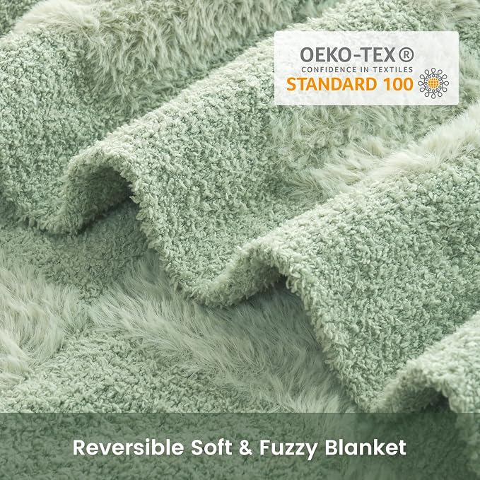Snuggle Sac Faux Fur Checkered Blanket Twin Size with Soft Knitted Microfiber,Cozy Soft Warm Blanket for Sofa Bedroom Living Room,Solid Sage Green,60x80 inches