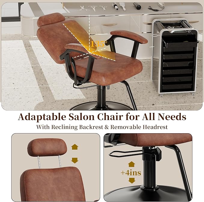 Baasha Premium Brown Reclining Salon Chair with Removable Headrest, All-Purpose Hydraulic Barber Chair, Soft PU Leather, 360° Swivel, 135° Recline, Heavy-Duty Steel Frame, 330 lbs Capacity