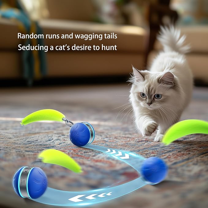 Speedy 2.0 Tail Interactive Cat Toys for Bored Indoor Adult Cats,Rechargeable Automatic Cat Toy Balls Self Moving Chirping,Electric Cat Ball Toy for Smart Kitten Enrichment Exercise Essentials(Blue)