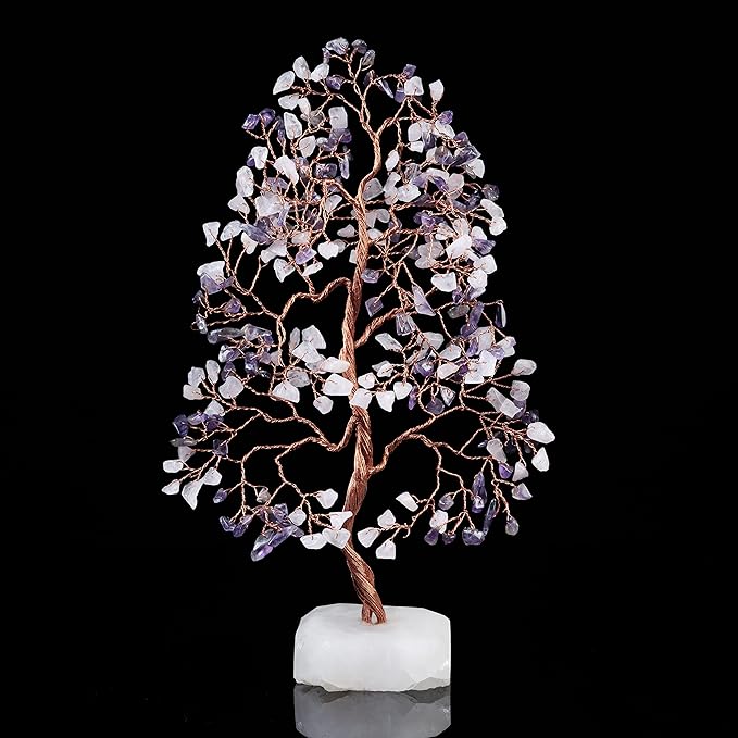 Amethyst & Rose Quartz Crystal Tree Gemstone Tree of Life Quartz Base Chakra Bonsai Tree for Room, Office Decor Spiritual Meditation Birthday Gift for Women Mom her Sister Housewarming Gifts Home