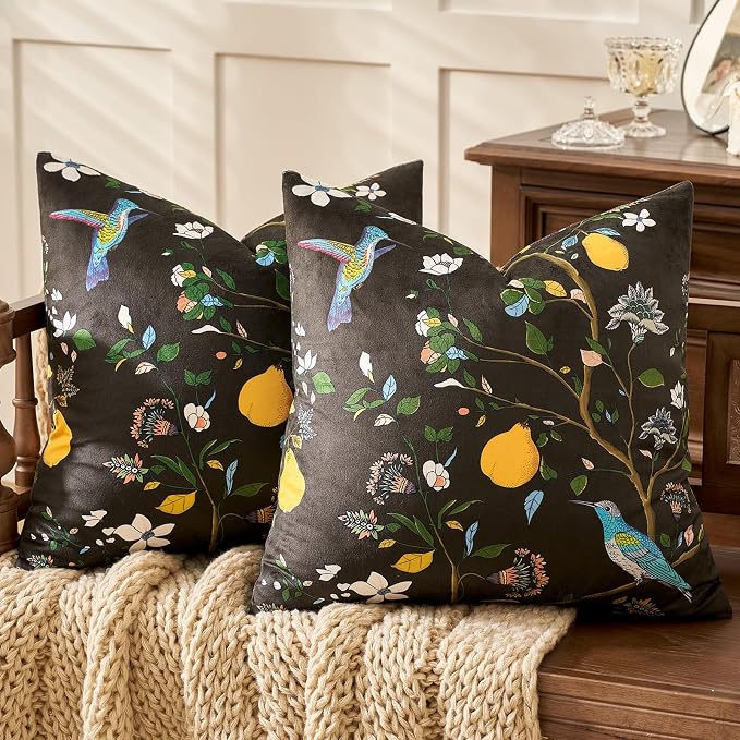 MUSSEL Brown Velvet Floral Decorative 20x20 Pillow Covers Set of 2 | Durable Sturdy,Botanical Printed Pattern,Throw Pillows Case,Square,Colorful Mid Century Cushion Covers,Sofa Couch Decor